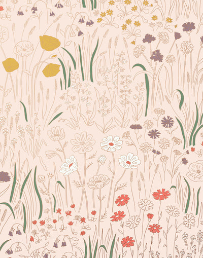 Alpine Garden Multi (Blush) featuring hand drawn flowers in coral, mauve, and mustard yellow with metallic gold accents on a pink background | Schoolhouse x Hygge & West Wallpaper Collection
