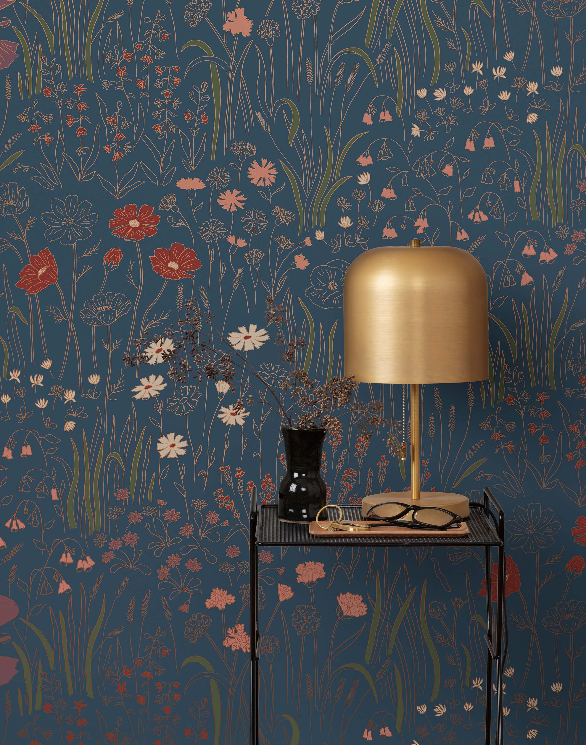 Alpine Garden Multi (Midnight) featuring hand drawn flowers in red, lilac, and pink with metallic copper accents on a deep blue background | Schoolhouse x Hygge & West Wallpaper Collection