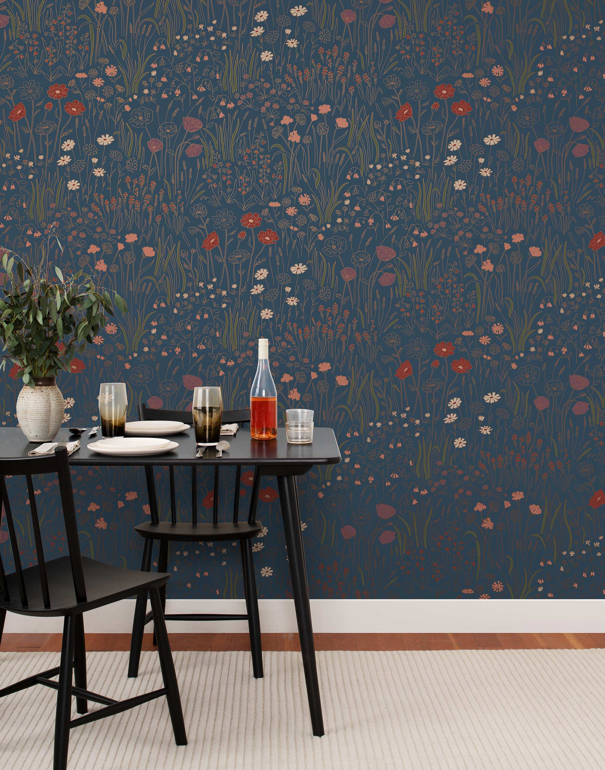 Alpine Garden Multi (Midnight) featuring hand drawn flowers in red, lilac, and pink with metallic copper accents on a deep blue background | Schoolhouse x Hygge & West Wallpaper Collection