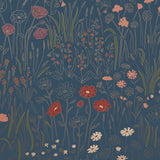 Alpine Garden Multi (Midnight) featuring hand drawn flowers in red, lilac, and pink with metallic copper accents on a deep blue background | Schoolhouse x Hygge & West Wallpaper Collection