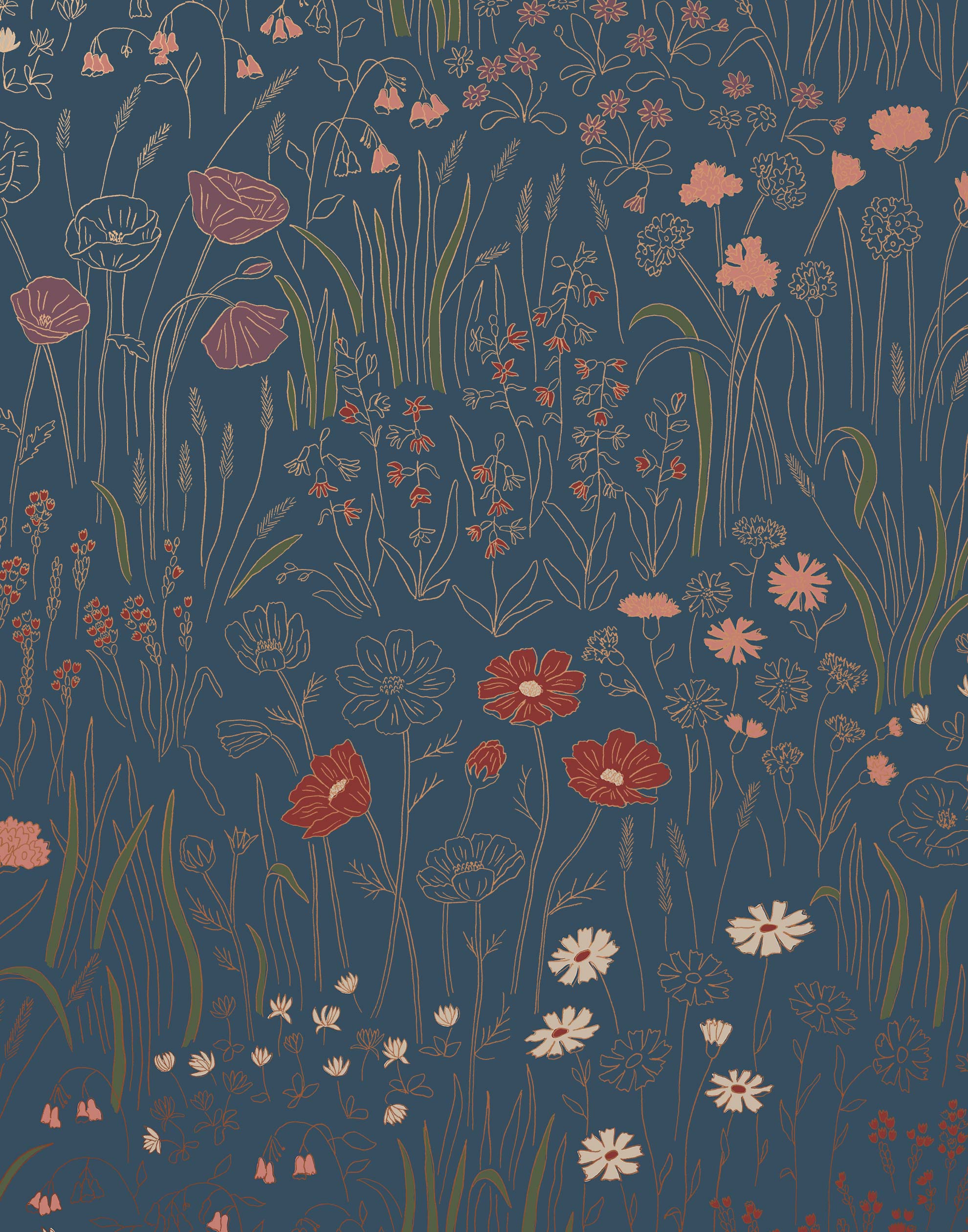 Alpine Garden Multi (Midnight) featuring hand drawn flowers in red, lilac, and pink with metallic copper accents on a deep blue background | Schoolhouse x Hygge & West Wallpaper Collection
