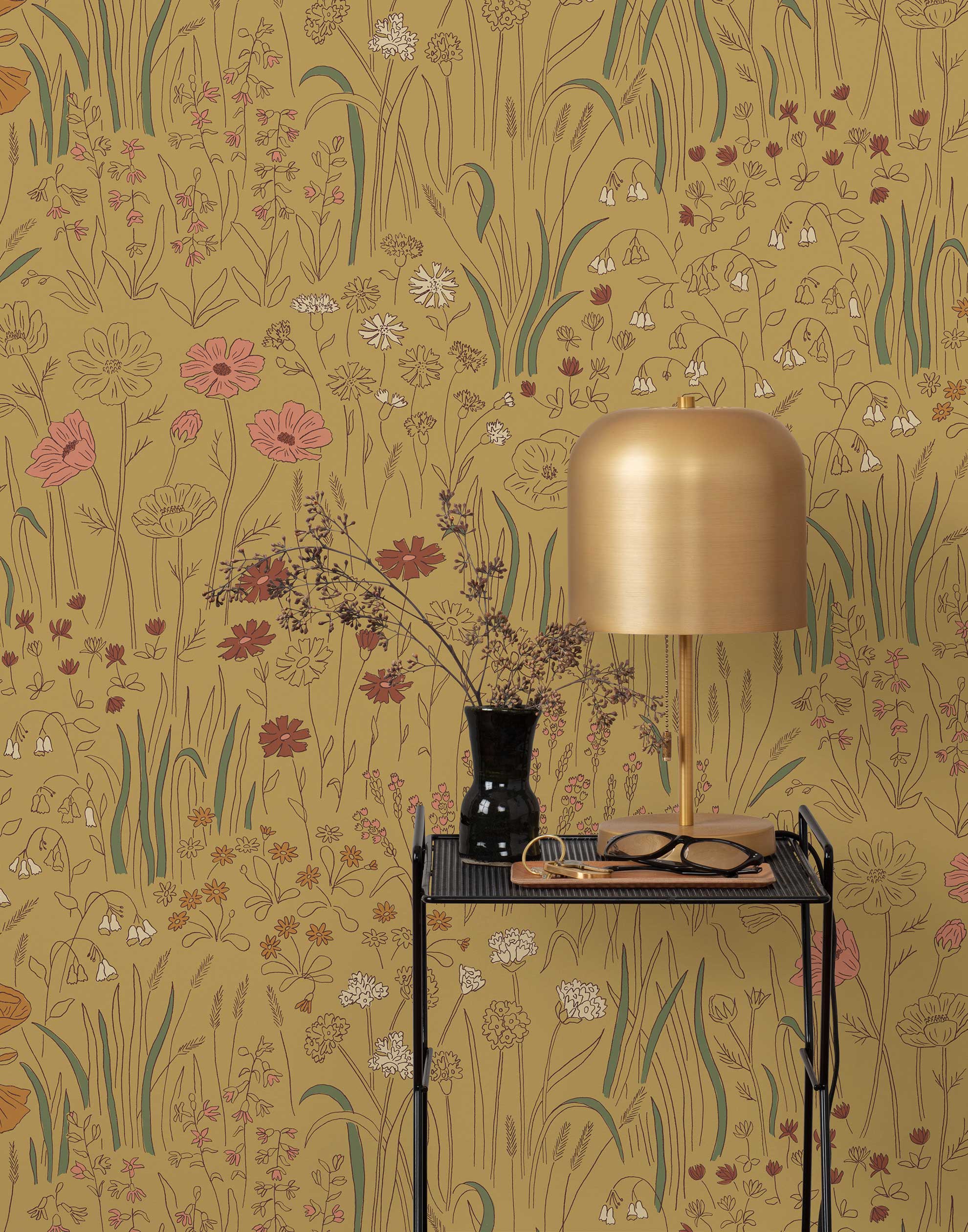 Alpine Garden Multi (Ochre) featuring hand drawn flowers in mustard, white, and pink with rust accents on a ochre background | Schoolhouse x Hygge & West Wallpaper Collection