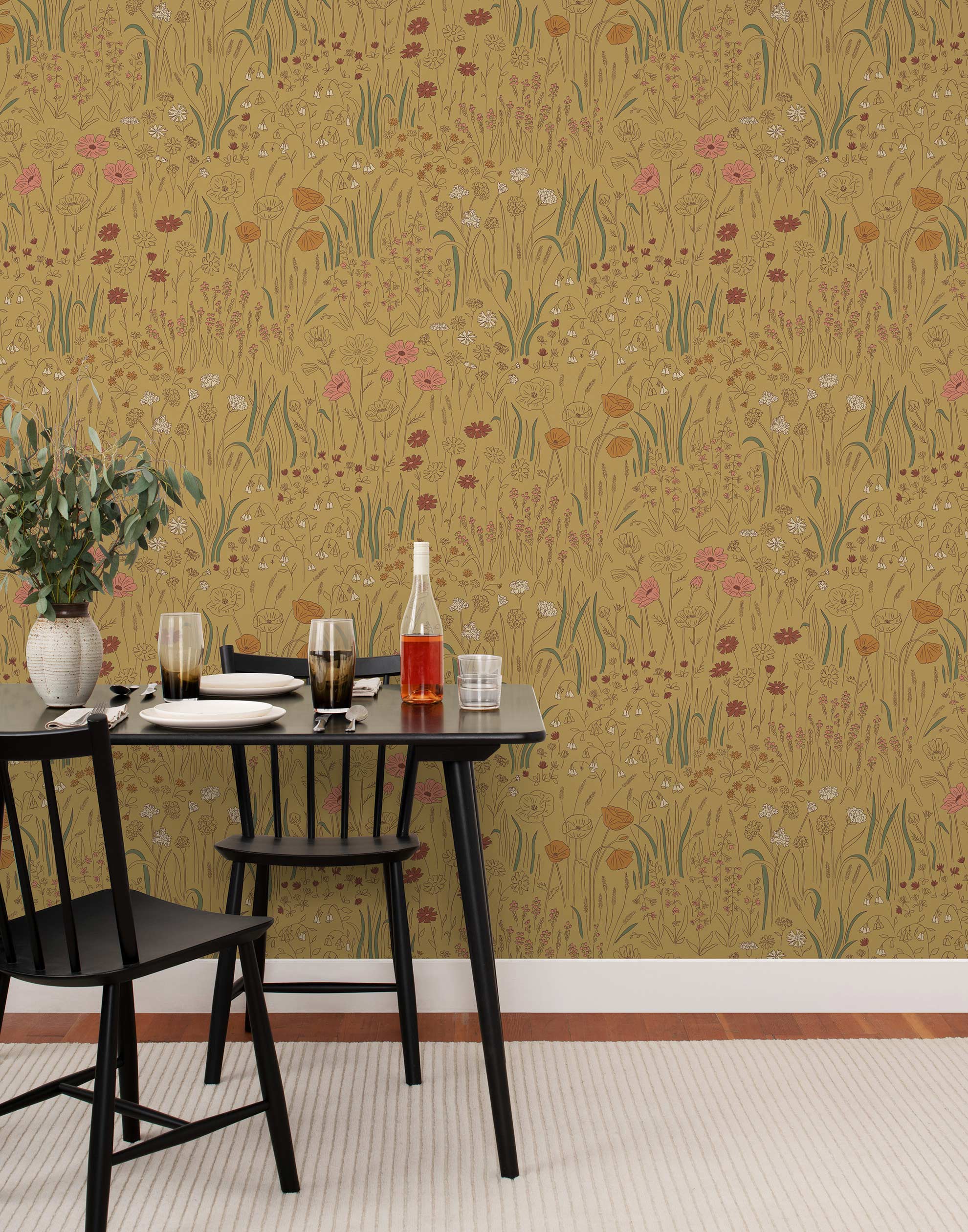 Alpine Garden Multi (Ochre) featuring hand drawn flowers in mustard, white, and pink with rust accents on a ochre background | Schoolhouse x Hygge & West Wallpaper Collection