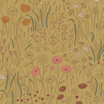 Alpine Garden Multi (Ochre) featuring hand drawn flowers in mustard, white, and pink with rust accents on a ochre background | Schoolhouse x Hygge & West Wallpaper Collection