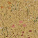 Alpine Garden Multi (Ochre) featuring hand drawn flowers in mustard, white, and pink with rust accents on a ochre background | Schoolhouse x Hygge & West Wallpaper Collection