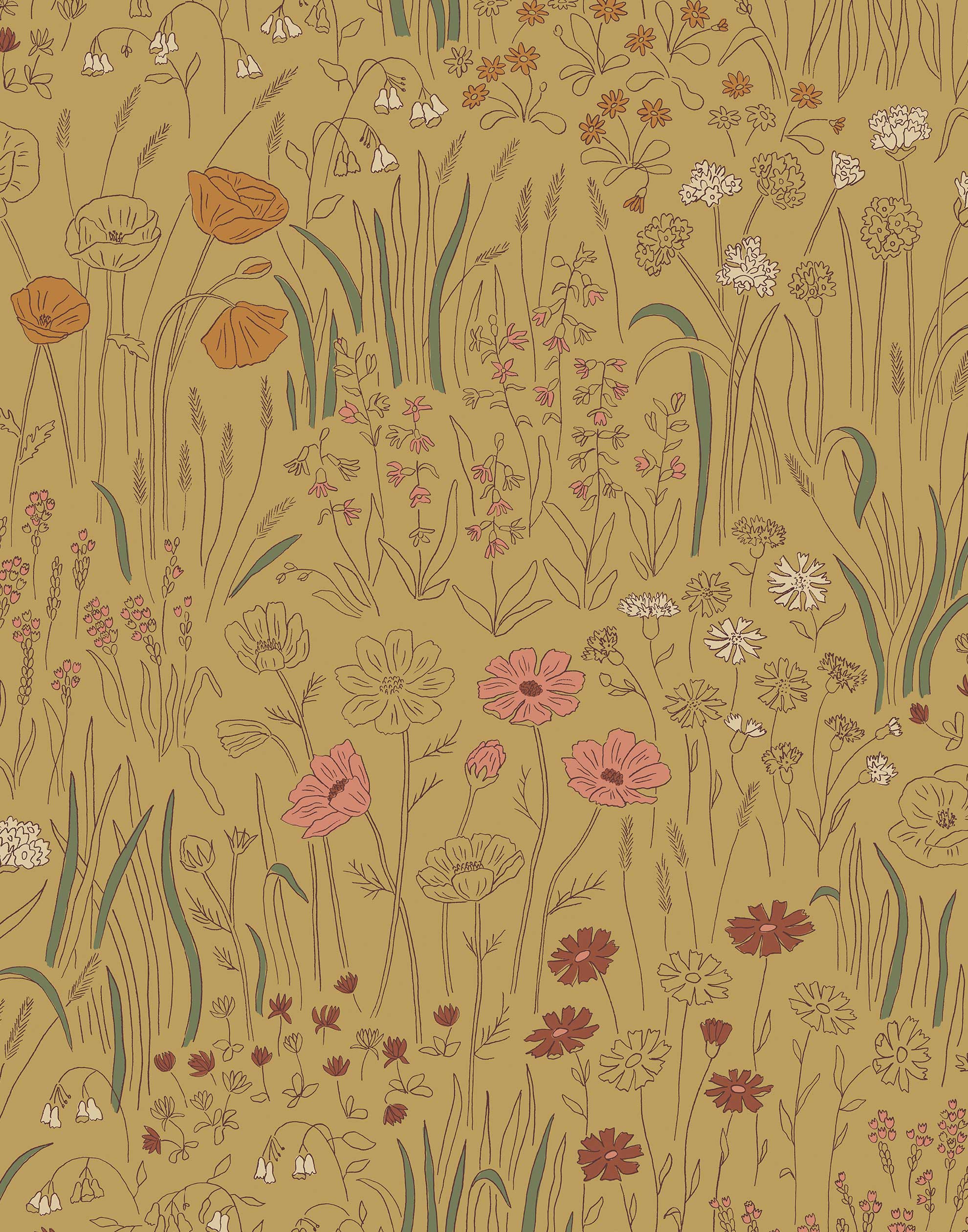 Alpine Garden Multi (Ochre) featuring hand drawn flowers in mustard, white, and pink with rust accents on a ochre background | Schoolhouse x Hygge & West Wallpaper Collection