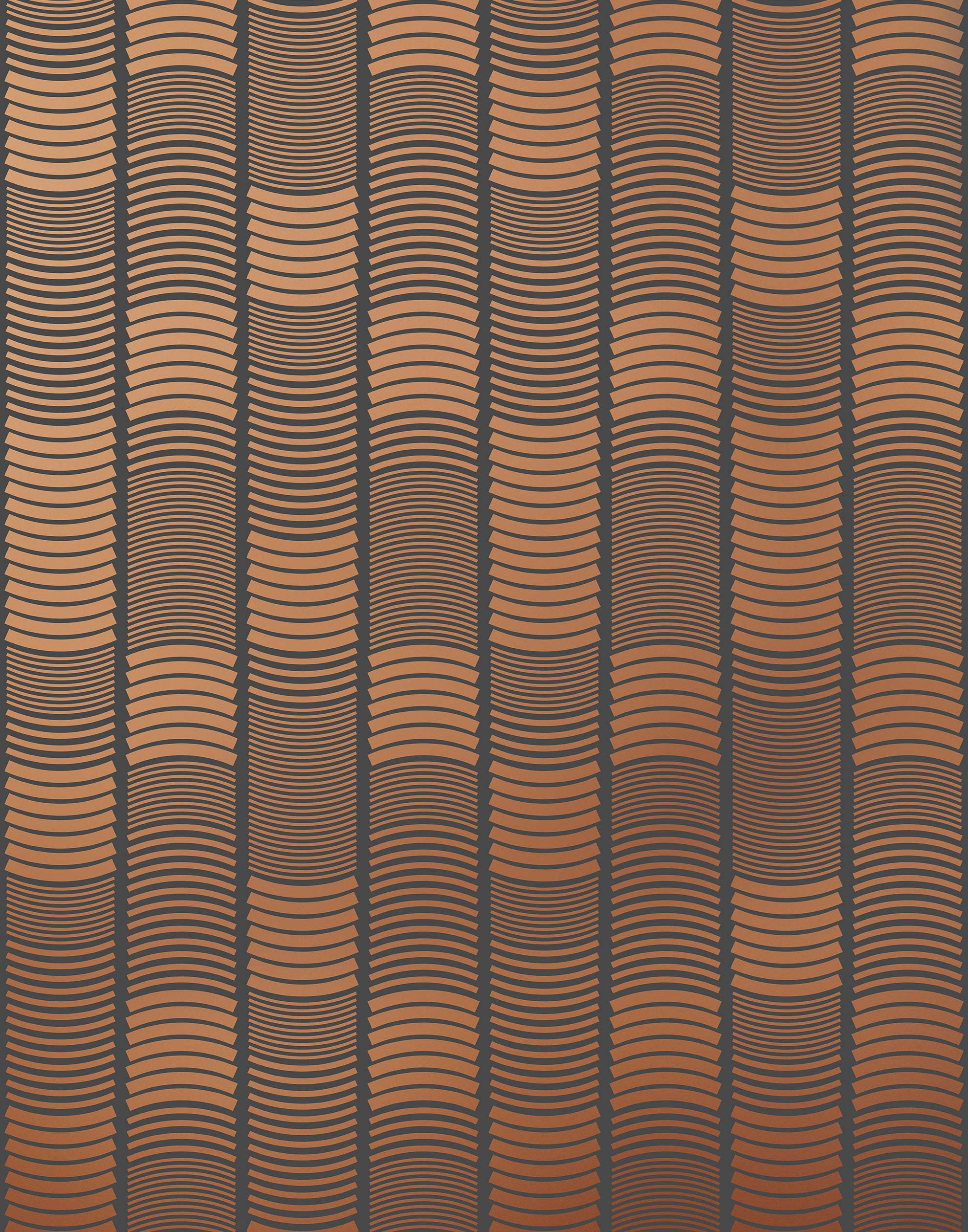 Wallpaper with undulating copper lines that form rhythmic columns on a dark gray background | Schoolhouse + Hygge & West