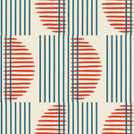 Wallpaper with irregular line work that weaves blue rectangles and red semicircles on an off white background | Schoolhouse + Hygge & West
