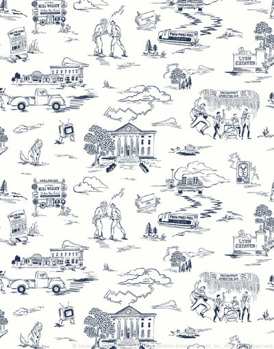Hill Valley Toile (Denim) Wallpaper with navy blue illustrations on a white background depicts scenes from the iconic movie Back to the Future and was created in collaboration with Universal | Hygge & West