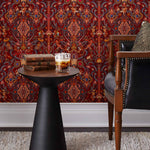 Inspired by The Big Lebowski’s singular characters, "striking" imagery, and oft-quoted dialogue, Abide Wallpaper is a visual feast of iconic movie moments. Red background designed to interpret a rug with hidden characters and scenes form the movie in blue, gray, pink, and orange. Universal + Hygge & West