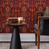 Inspired by The Big Lebowski’s singular characters, "striking" imagery, and oft-quoted dialogue, Abide Wallpaper is a visual feast of iconic movie moments. Red background designed to interpret a rug with hidden characters and scenes form the movie in blue, gray, pink, and orange. Universal + Hygge & West