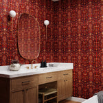 Inspired by The Big Lebowski’s singular characters, "striking" imagery, and oft-quoted dialogue, Abide Wallpaper is a visual feast of iconic movie moments. Red background designed to interpret a rug with hidden characters and scenes form the movie in blue, gray, pink, and orange. Universal + Hygge & West