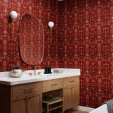 Inspired by The Big Lebowski’s singular characters, "striking" imagery, and oft-quoted dialogue, Abide Wallpaper is a visual feast of iconic movie moments. Red background designed to interpret a rug with hidden characters and scenes form the movie in blue, gray, pink, and orange. Universal + Hygge & West