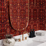 Inspired by The Big Lebowski’s singular characters, "striking" imagery, and oft-quoted dialogue, Abide Wallpaper is a visual feast of iconic movie moments. Red background designed to interpret a rug with hidden characters and scenes form the movie in blue, gray, pink, and orange. Universal + Hygge & West
