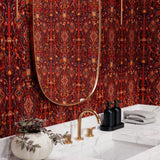 Inspired by The Big Lebowski’s singular characters, "striking" imagery, and oft-quoted dialogue, Abide Wallpaper is a visual feast of iconic movie moments. Red background designed to interpret a rug with hidden characters and scenes form the movie in blue, gray, pink, and orange. Universal + Hygge & West