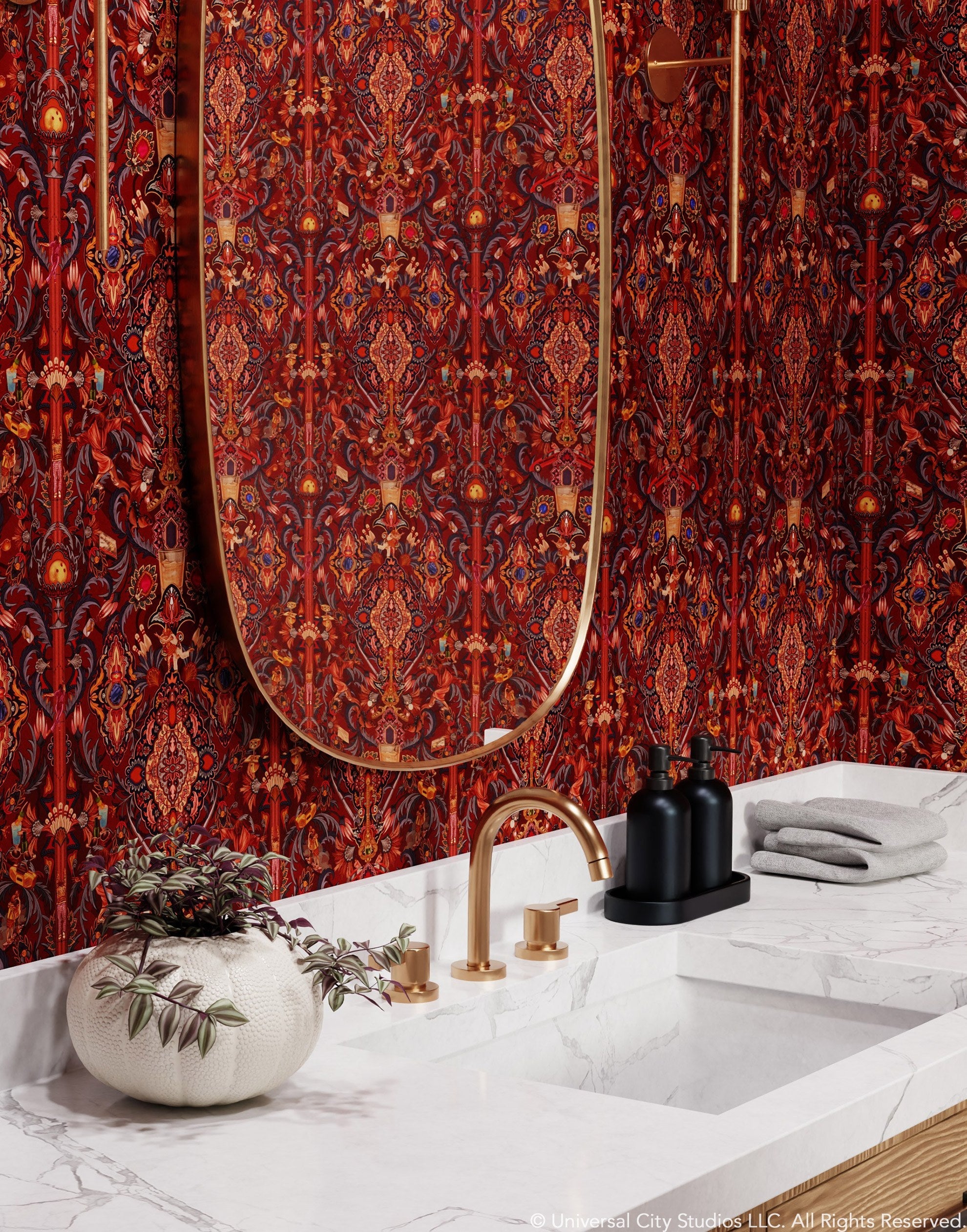 Inspired by The Big Lebowski’s singular characters, "striking" imagery, and oft-quoted dialogue, Abide Wallpaper is a visual feast of iconic movie moments. Red background designed to interpret a rug with hidden characters and scenes form the movie in blue, gray, pink, and orange. Universal + Hygge & West
