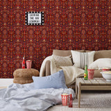 Inspired by The Big Lebowski’s singular characters, "striking" imagery, and oft-quoted dialogue, Abide Wallpaper is a visual feast of iconic movie moments. Red background designed to interpret a rug with hidden characters and scenes form the movie in blue, gray, pink, and orange. Universal + Hygge & West