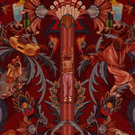 Inspired by The Big Lebowski’s singular characters, "striking" imagery, and oft-quoted dialogue, Abide Wallpaper is a visual feast of iconic movie moments. Red background designed to interpret a rug with hidden characters and scenes form the movie in blue, gray, pink, and orange. Universal + Hygge & West