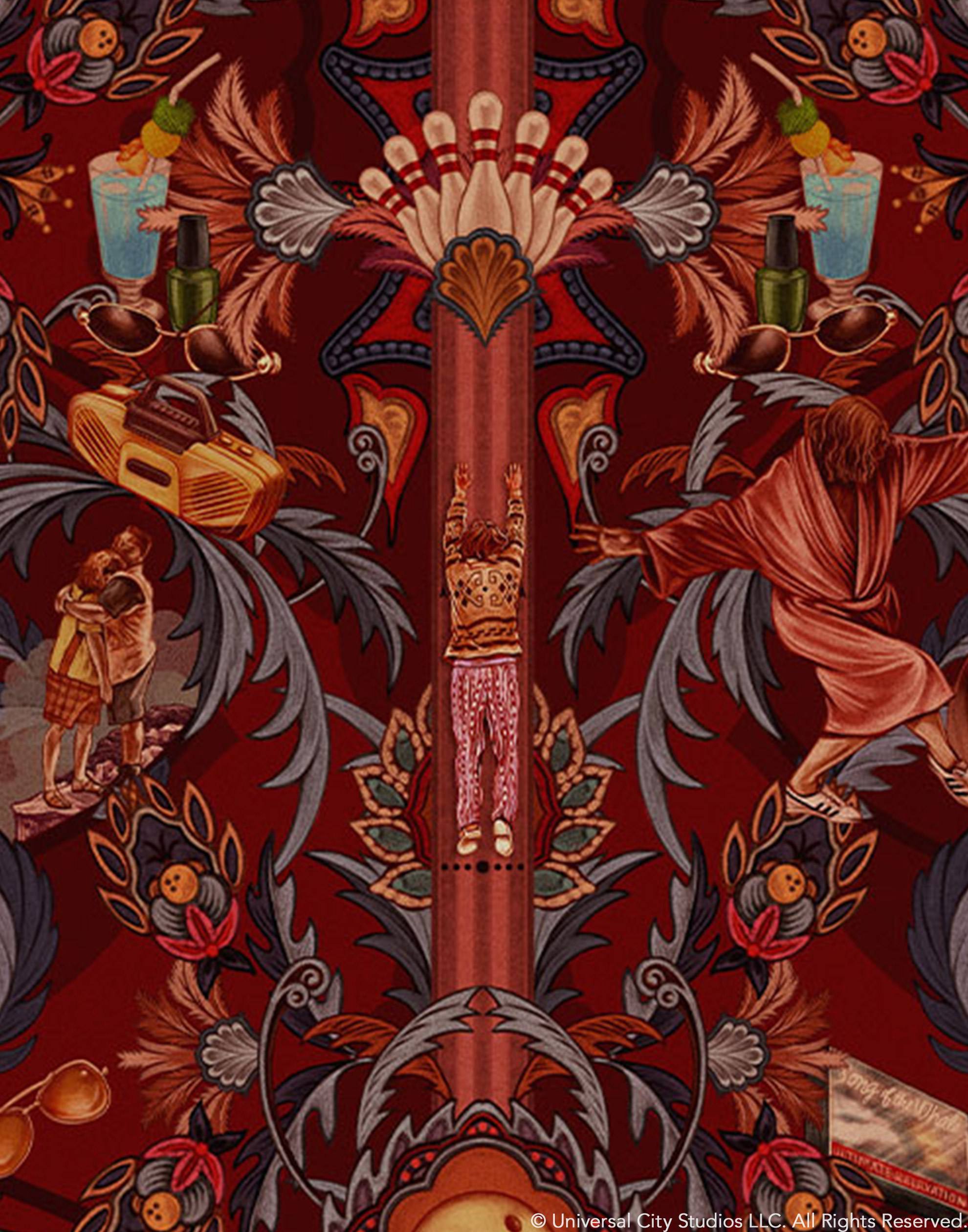 Inspired by The Big Lebowski’s singular characters, "striking" imagery, and oft-quoted dialogue, Abide Wallpaper is a visual feast of iconic movie moments. Red background designed to interpret a rug with hidden characters and scenes form the movie in blue, gray, pink, and orange. Universal + Hygge & West