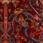 Inspired by The Big Lebowski’s singular characters, "striking" imagery, and oft-quoted dialogue, Abide Wallpaper is a visual feast of iconic movie moments. Red background designed to interpret a rug with hidden characters and scenes form the movie in blue, gray, pink, and orange. Universal + Hygge & West