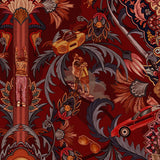 Inspired by The Big Lebowski’s singular characters, "striking" imagery, and oft-quoted dialogue, Abide Wallpaper is a visual feast of iconic movie moments. Red background designed to interpret a rug with hidden characters and scenes form the movie in blue, gray, pink, and orange. Universal + Hygge & West
