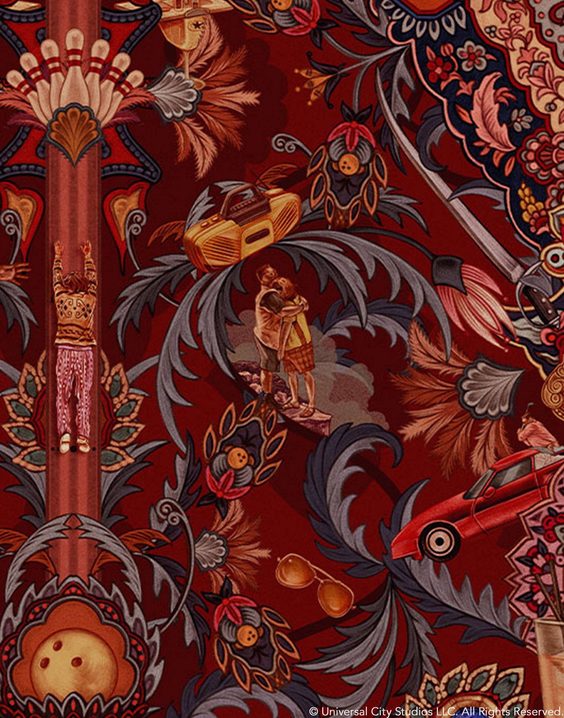 Inspired by The Big Lebowski’s singular characters, "striking" imagery, and oft-quoted dialogue, Abide Wallpaper is a visual feast of iconic movie moments. Red background designed to interpret a rug with hidden characters and scenes form the movie in blue, gray, pink, and orange. Universal + Hygge & West