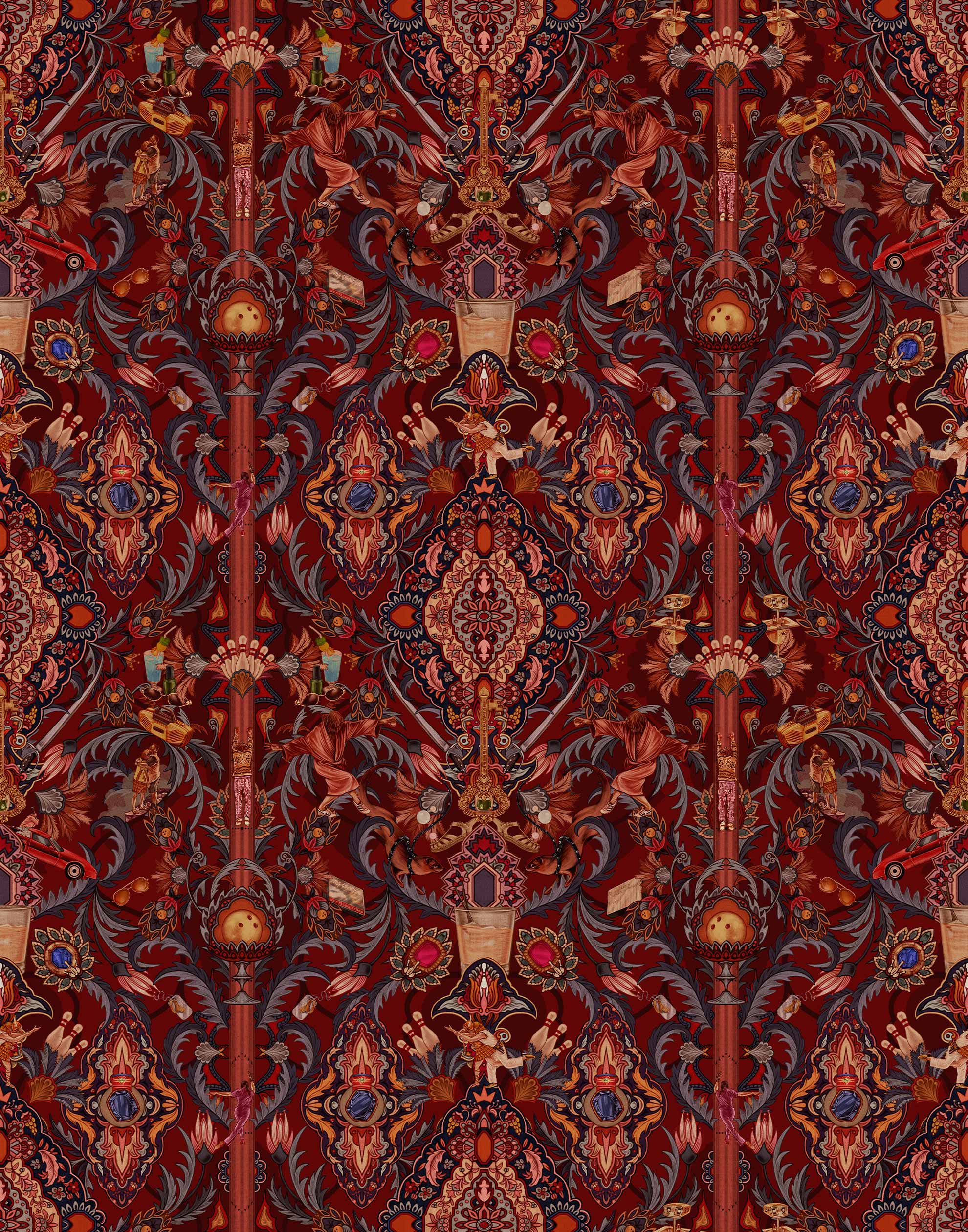 Inspired by The Big Lebowski’s singular characters, "striking" imagery, and oft-quoted dialogue, Abide Wallpaper is a visual feast of iconic movie moments. Red background designed to interpret a rug with hidden characters and scenes form the movie in blue, gray, pink, and orange. Universal + Hygge & West