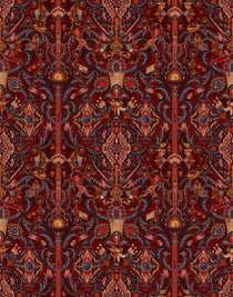 Inspired by The Big Lebowski’s singular characters, "striking" imagery, and oft-quoted dialogue, Abide Wallpaper is a visual feast of iconic movie moments. Red background designed to interpret a rug with hidden characters and scenes form the movie in blue, gray, pink, and orange. Universal + Hygge & West