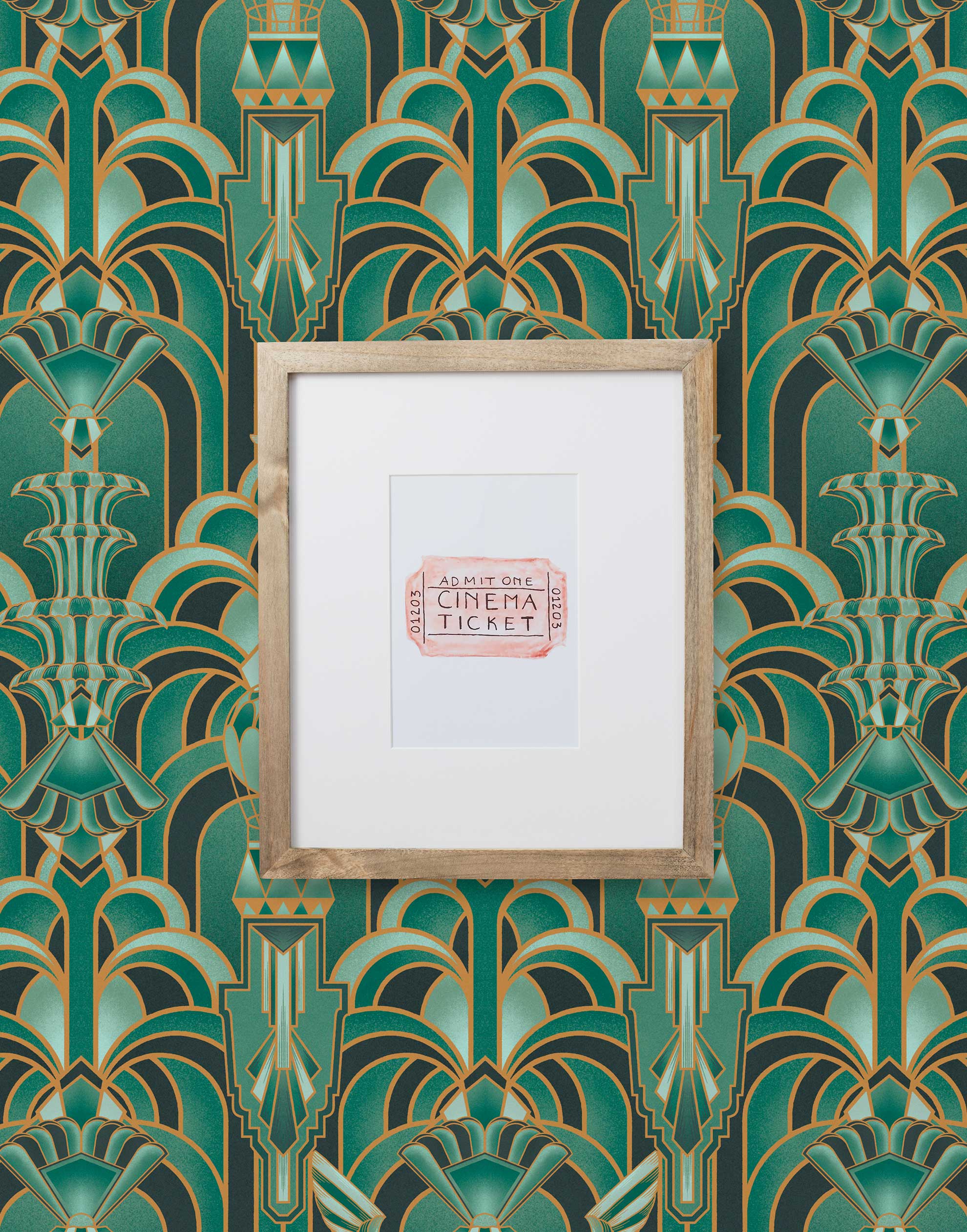 Drawing inspiration from the iconic Emerald City in Wicked, this wallpaper features a mesmerizing blend of deep greens and golds, evoking a sense of magical grandeur. The intricate geometric design mixed with hot air balloons and flying monkeys brings the enchantment of the city into your home.
