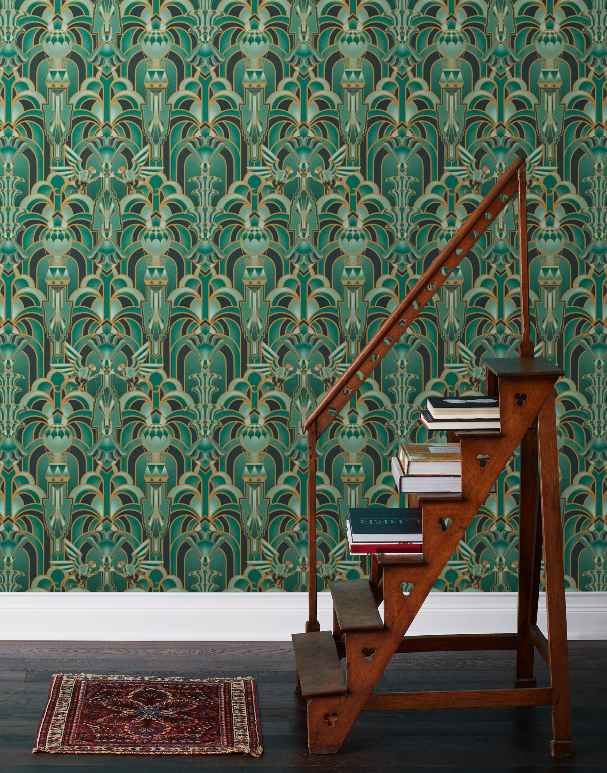 Drawing inspiration from the iconic Emerald City in Wicked, this wallpaper features a mesmerizing blend of deep greens and golds, evoking a sense of magical grandeur. The intricate geometric design mixed with hot air balloons and flying monkeys brings the enchantment of the city into your home.