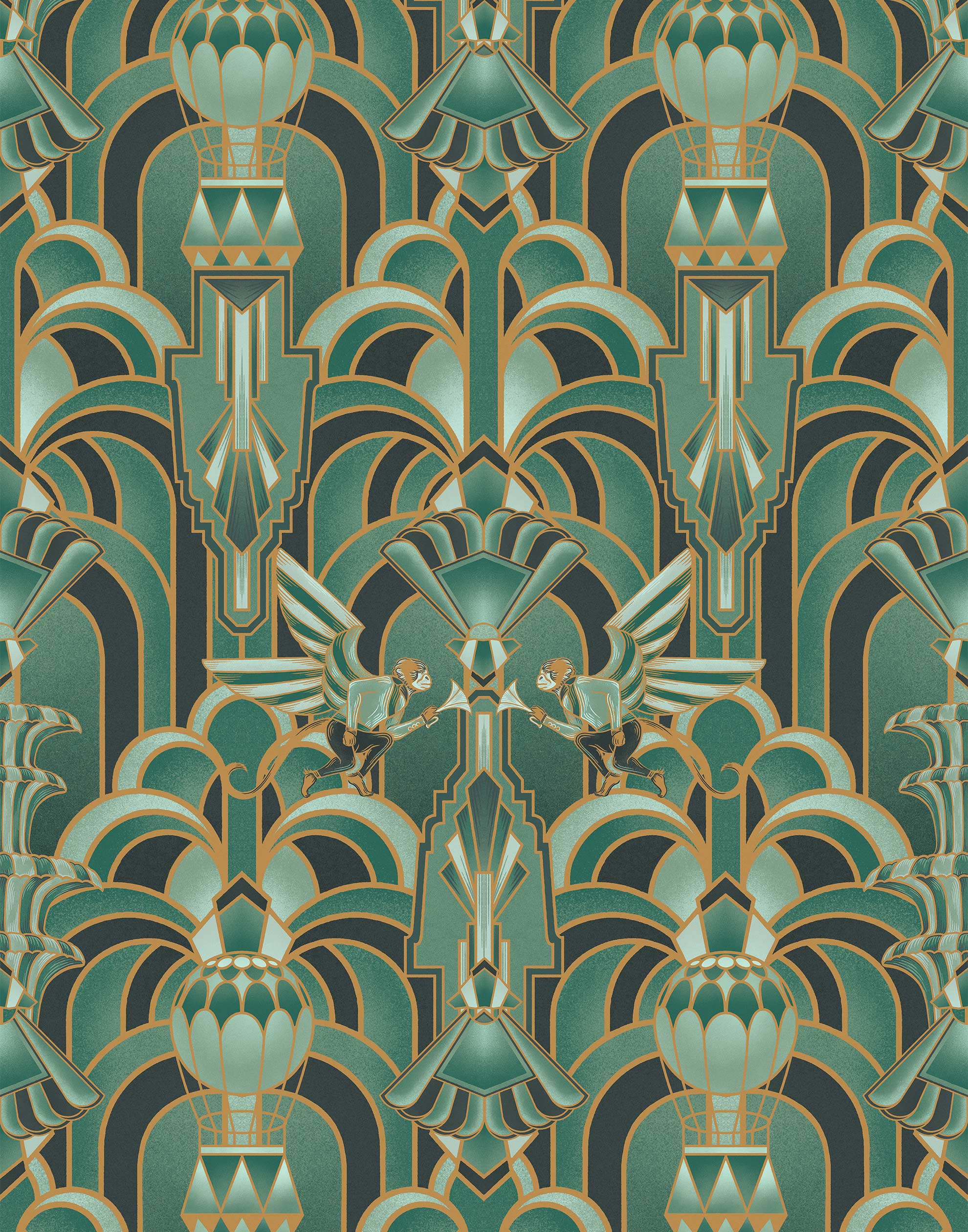 Drawing inspiration from the iconic Emerald City in Wicked, this wallpaper features a mesmerizing blend of deep greens and golds, evoking a sense of magical grandeur. The intricate geometric design mixed with hot air balloons and flying monkeys brings the enchantment of the city into your home.