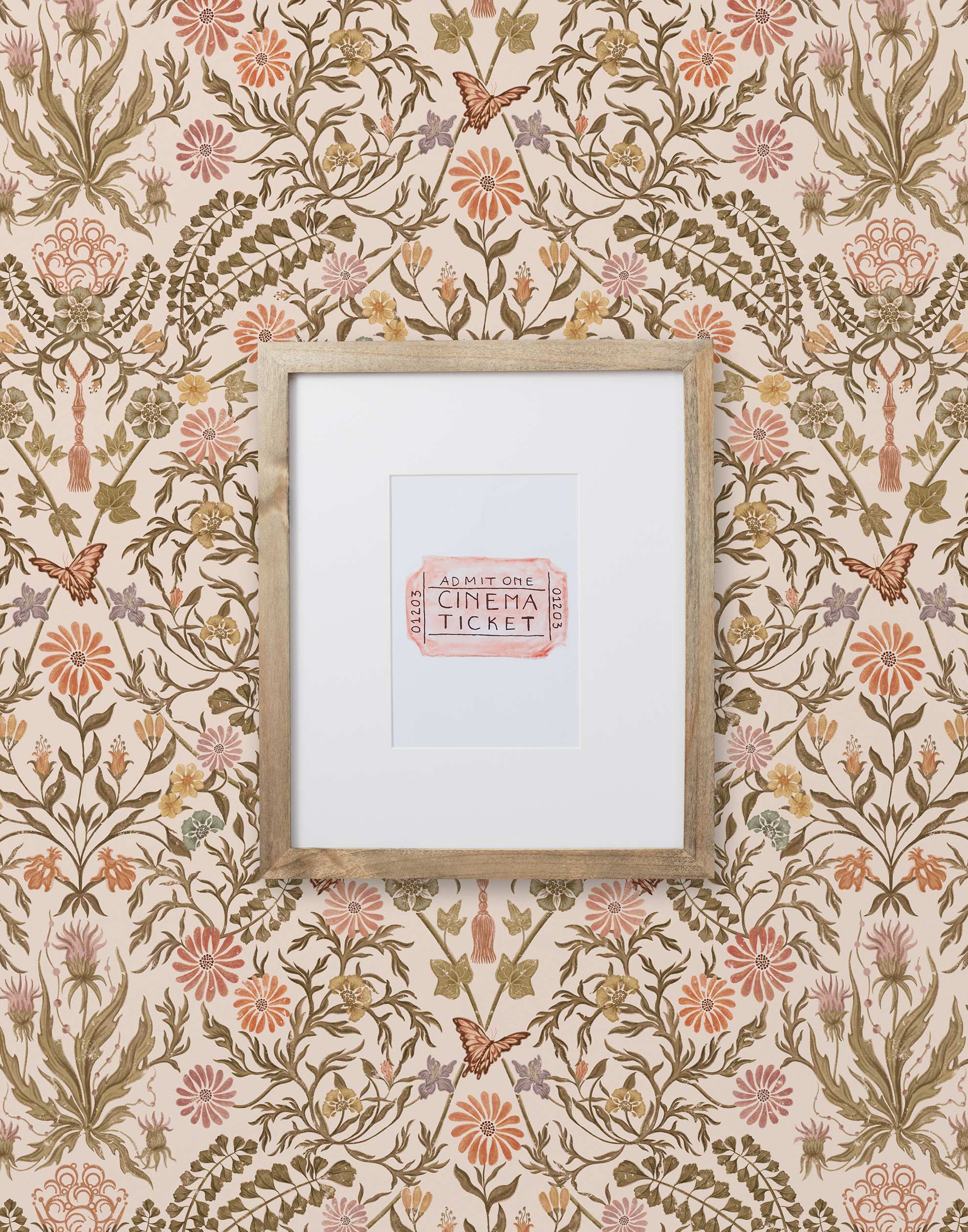 Inspired by the painted ceiling of Glinda and Elphaba's Shiz University dorm room in the movie Wicked, this wallpaper features colorful flowers and a crown on a soft pink background.