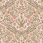 Inspired by the painted ceiling of Glinda and Elphaba's Shiz University dorm room in the movie Wicked, this wallpaper features colorful flowers and a crown on a soft pink background.