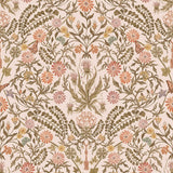 Inspired by the painted ceiling of Glinda and Elphaba's Shiz University dorm room in the movie Wicked, this wallpaper features colorful flowers and a crown on a soft pink background.