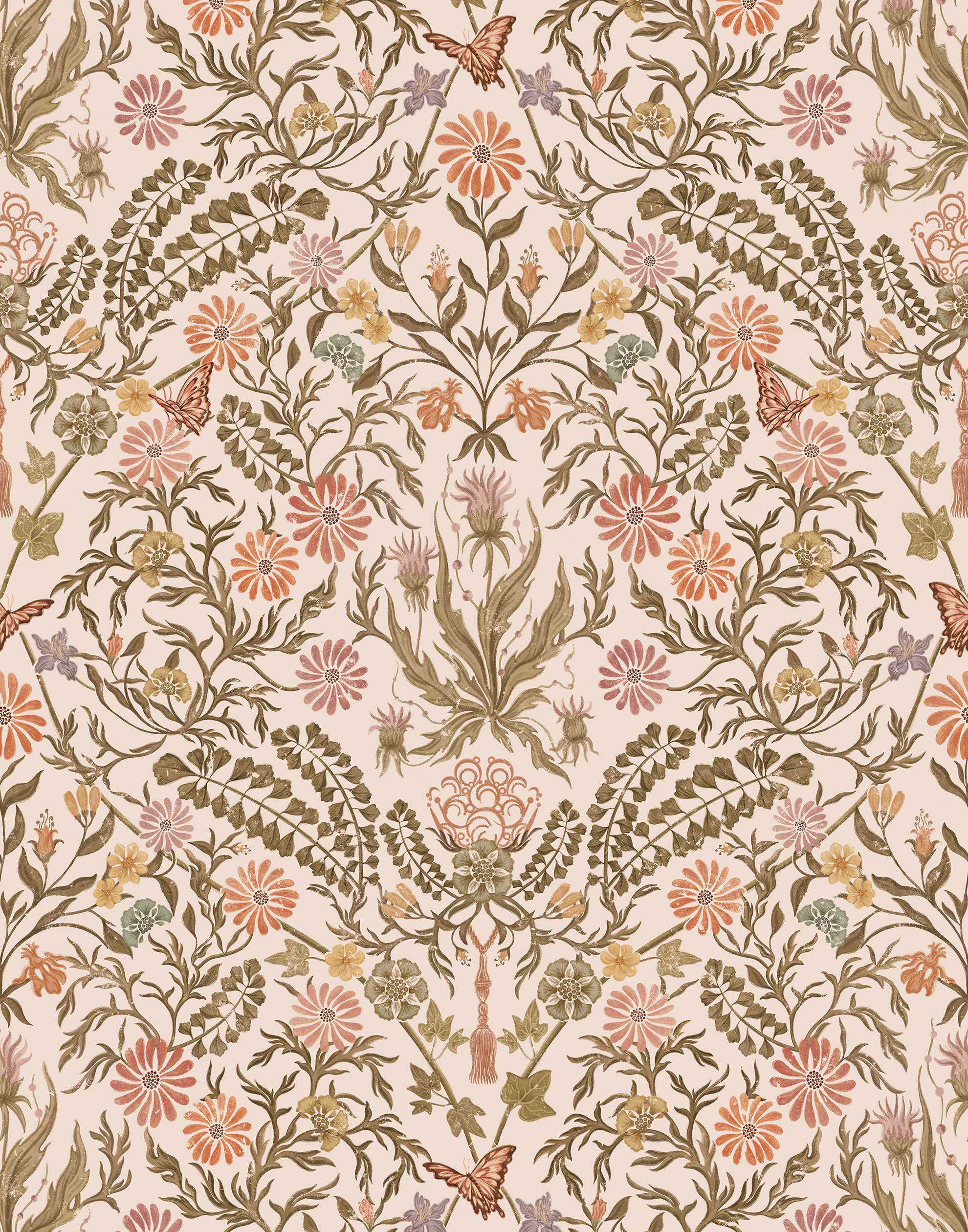 Inspired by the painted ceiling of Glinda and Elphaba's Shiz University dorm room in the movie Wicked, this wallpaper features colorful flowers and a crown on a soft pink background.