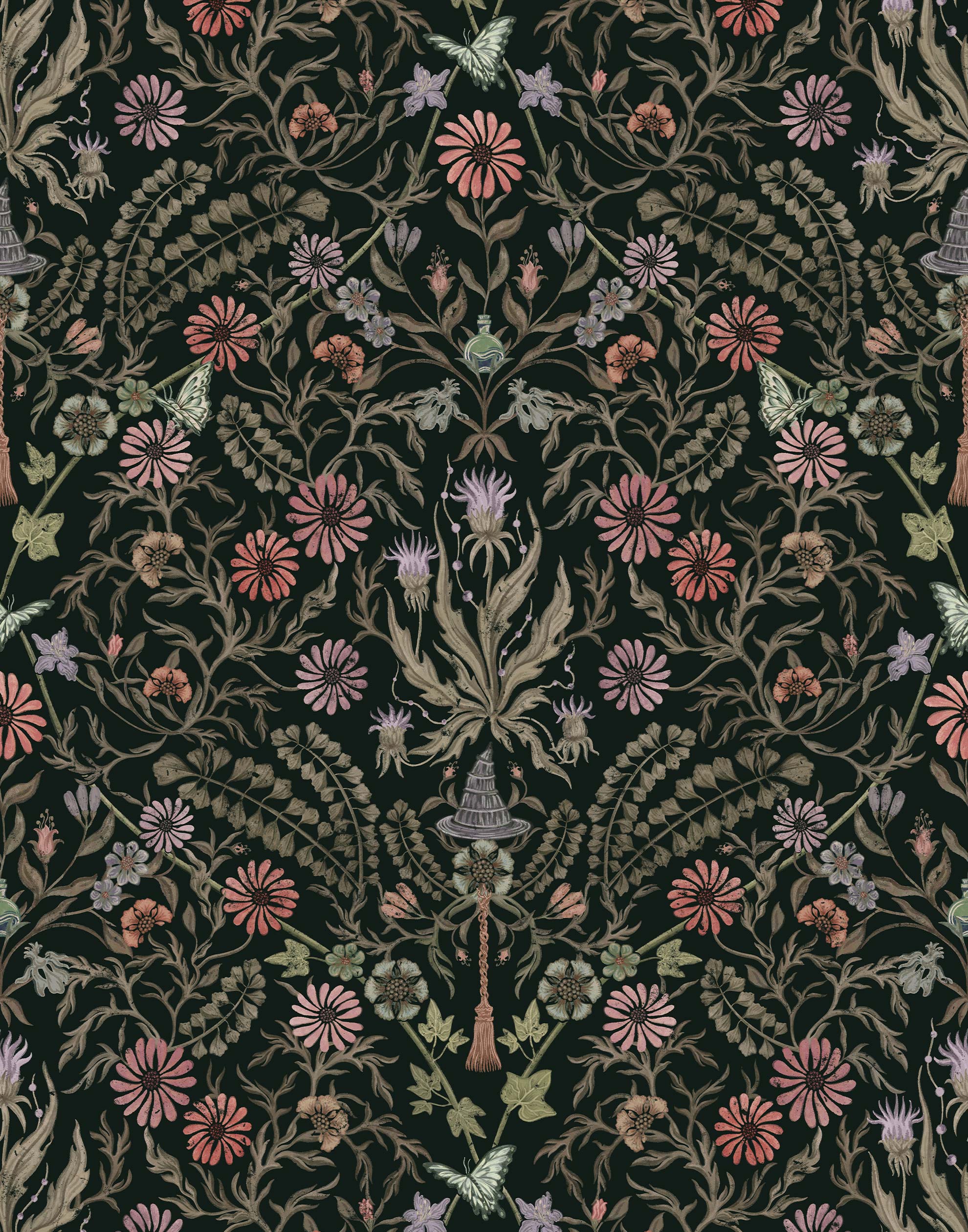Inspired by the painted ceiling of Glinda and Elphaba's Shiz University dorm room in the movie Wicked, this wallpaper features colorful flowers and a witch's hat and broom on a dark green background.