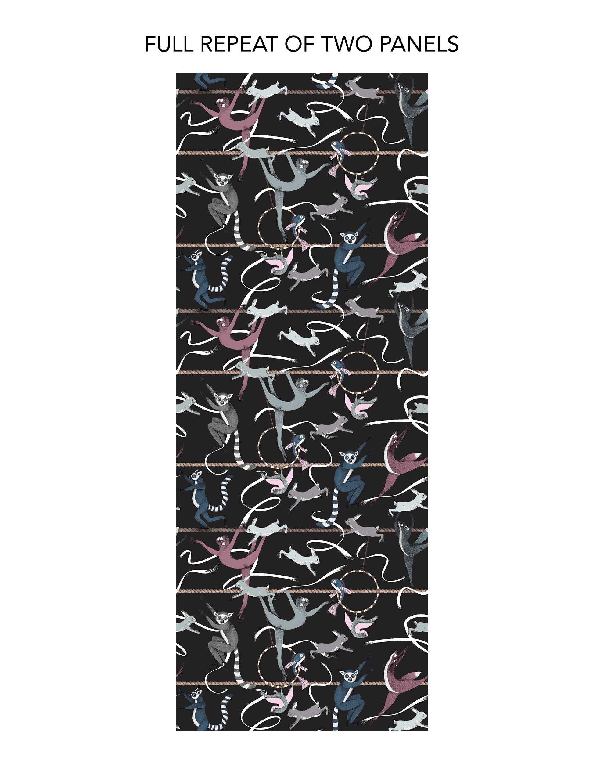 Balancing Act (Ebony) wallpaper features colorful dancing monkeys and rabbits on a black background