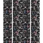 Balancing Act (Ebony) wallpaper features colorful dancing monkeys and rabbits on a black background
