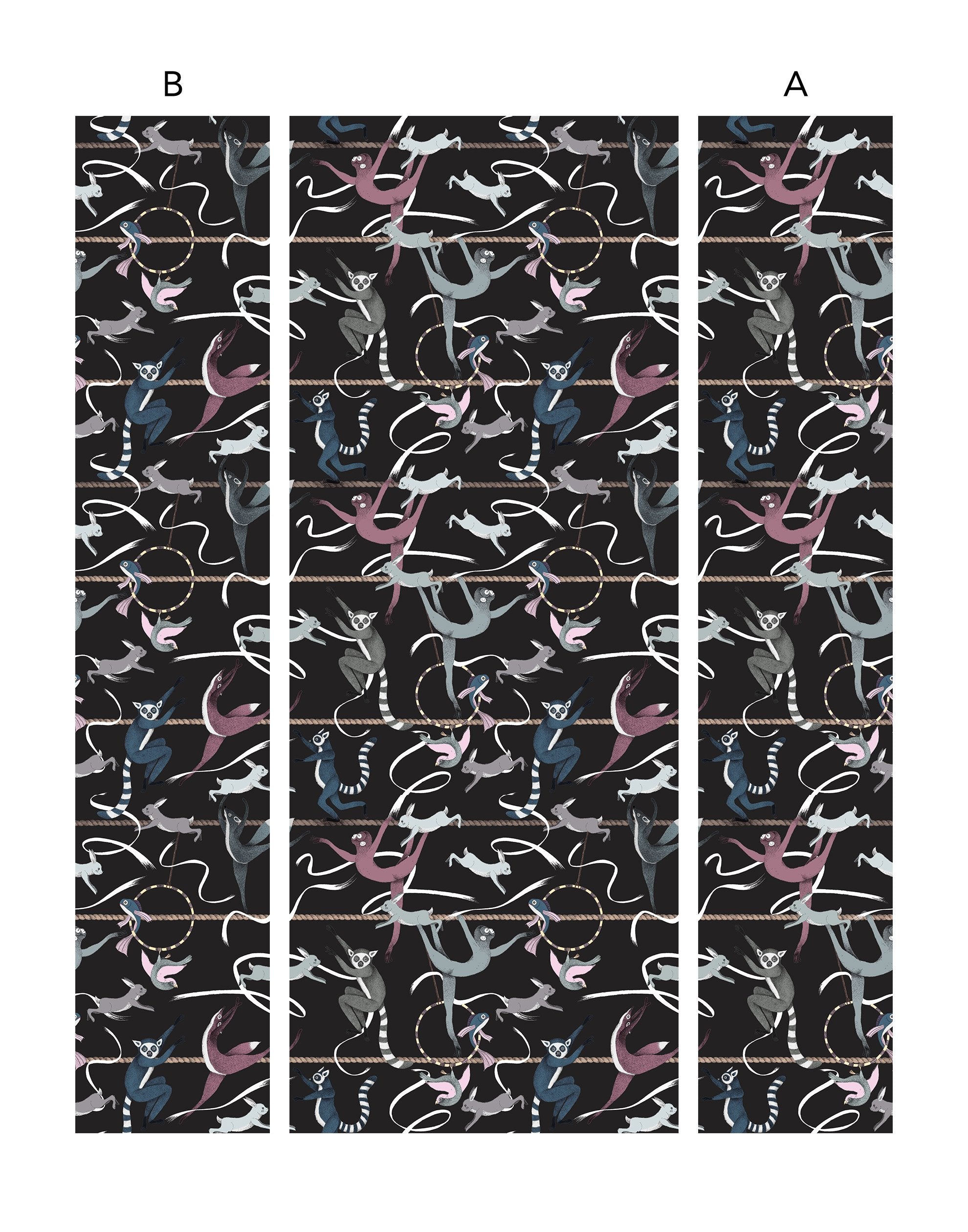 Balancing Act (Ebony) wallpaper features colorful dancing monkeys and rabbits on a black background