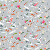 Space Owl (Gray) wallpaper features wildlife, fauna and a flowing river | light gray wallpaper with orange, white, brown, and green illustrations | designed by Vikki Chu