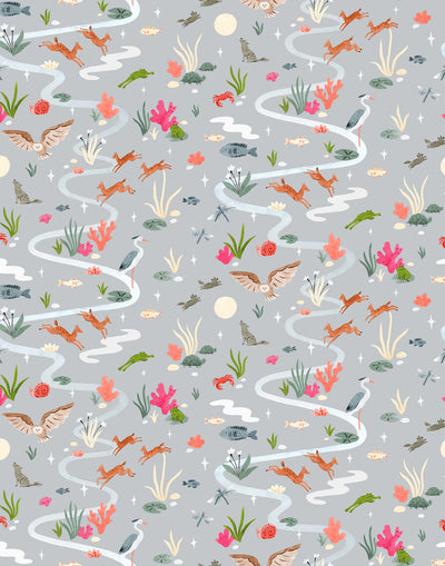 Space Owl (Gray) wallpaper features wildlife, fauna and a flowing river | light gray wallpaper with orange, white, brown, and green illustrations | designed by Vikki Chu