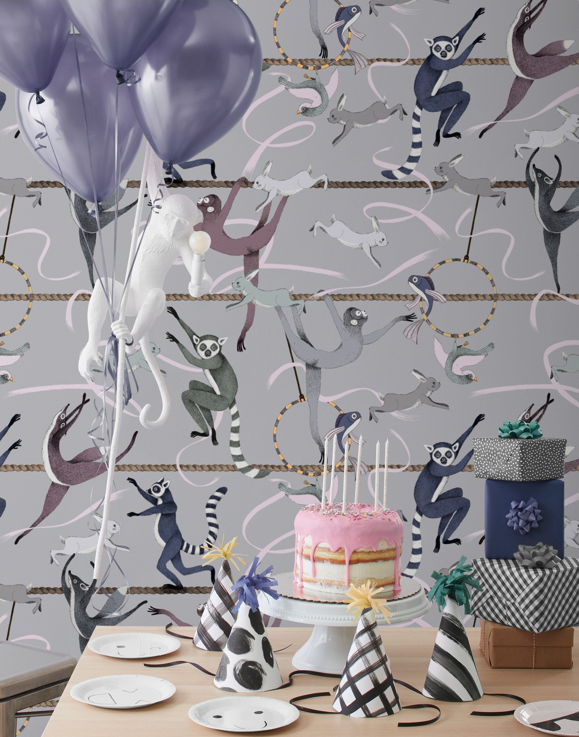 Balancing Act (Light Gray) wallpaper features colorful dancing monkeys and rabbits on a light gray background