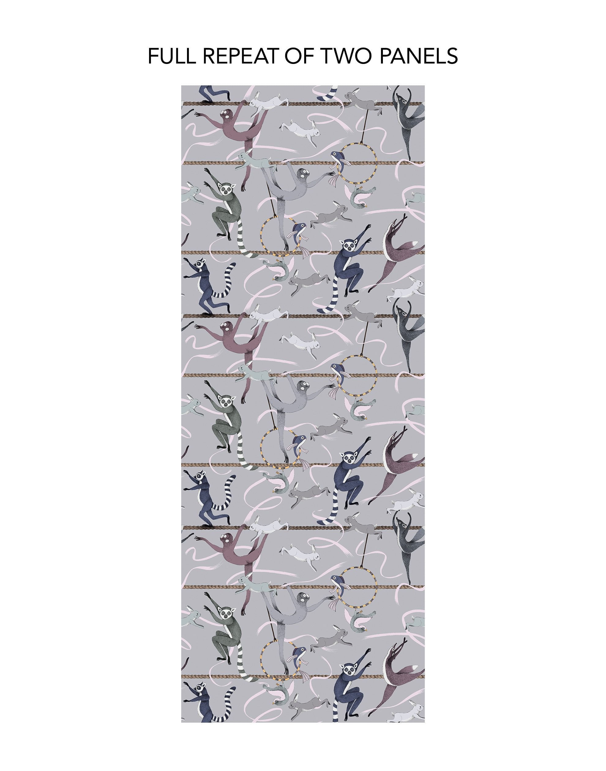 Balancing Act (Light Gray) wallpaper features colorful dancing monkeys and rabbits on a light gray background