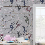 Balancing Act (Light Gray) wallpaper features colorful dancing monkeys and rabbits on a light gray background