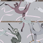 Balancing Act (Light Gray) wallpaper features colorful dancing monkeys and rabbits on a light gray background
