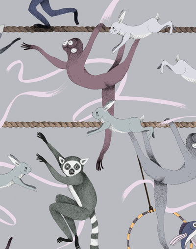 Balancing Act (Light Gray) wallpaper features colorful dancing monkeys and rabbits on a light gray background