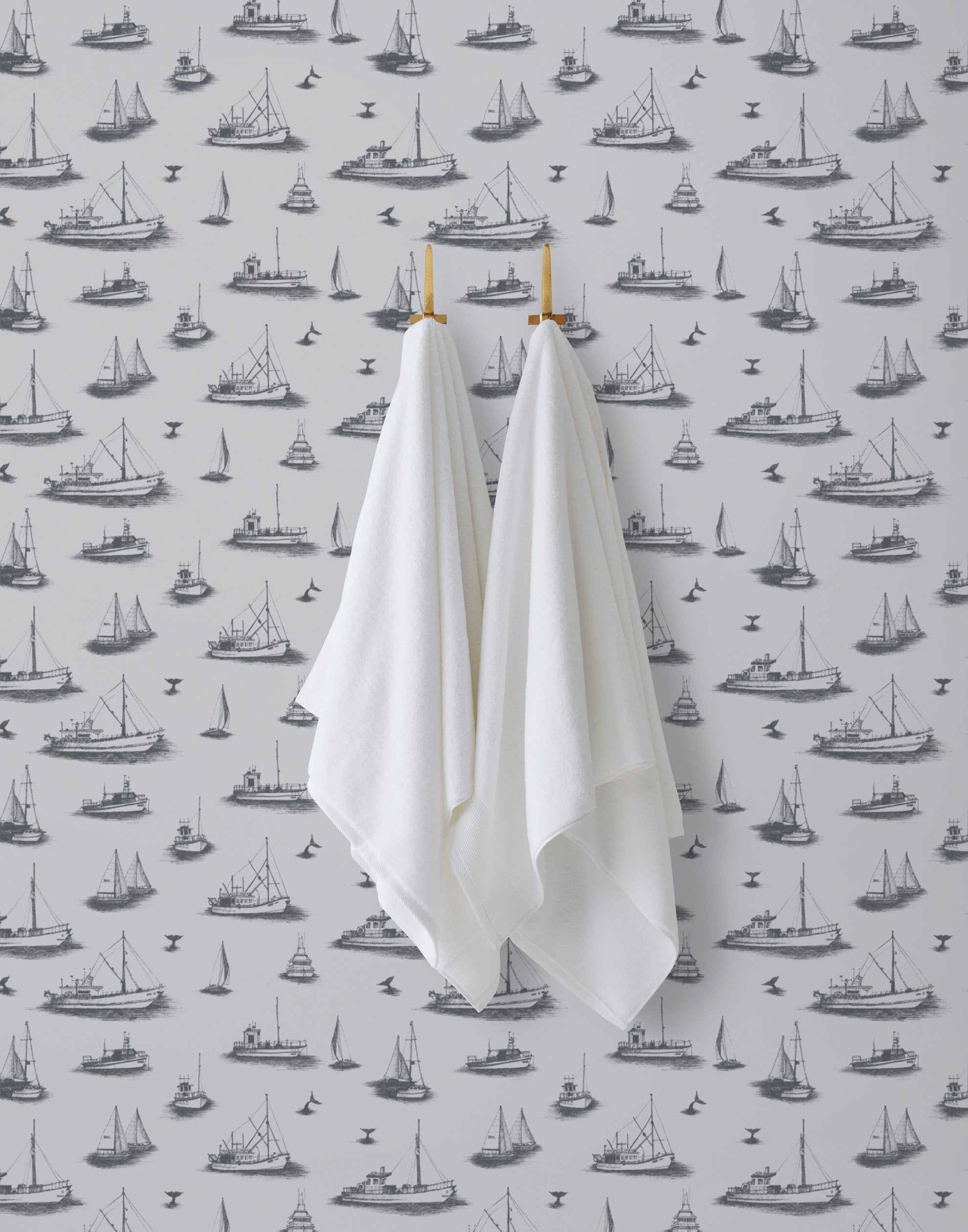 Ahoy! (Fog) wallpaper with charcoal gray ships and whale tales on a light gray background