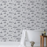Ahoy! (Fog) wallpaper with charcoal gray ships and whale tales on a light gray background