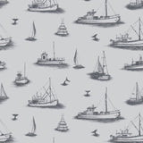 Ahoy! (Fog) wallpaper with charcoal gray ships and whale tales on a light gray background