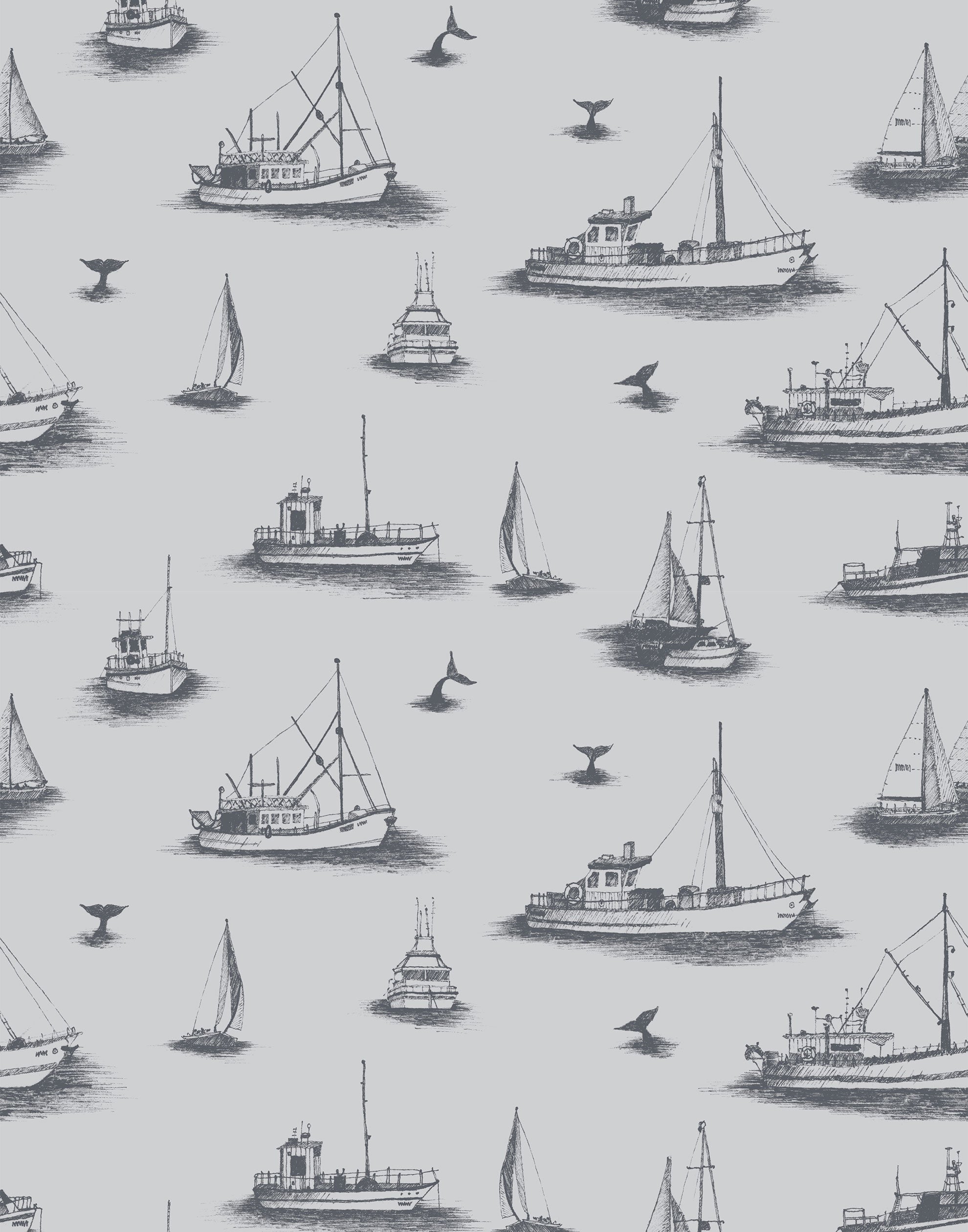 Ahoy! (Fog) wallpaper with charcoal gray ships and whale tales on a light gray background